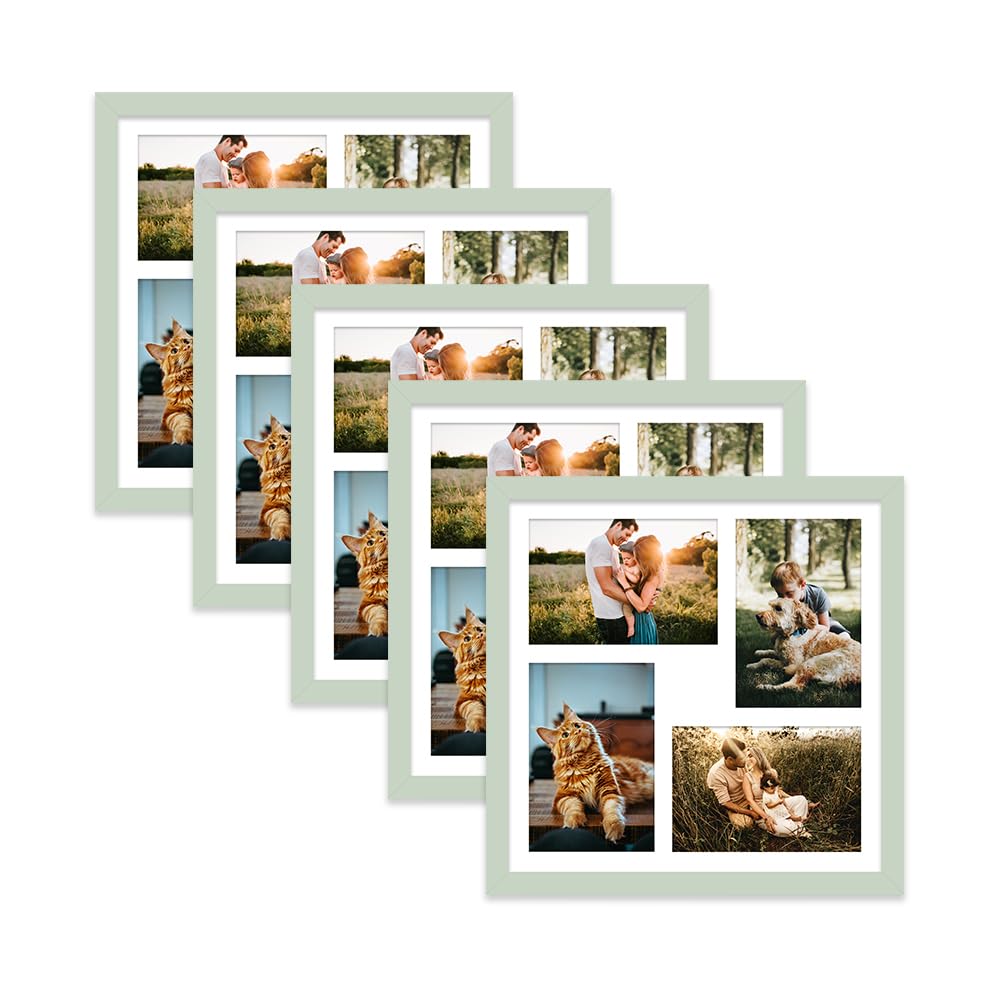 Mint Green Multi Photo Frame - Holds 4 x 6x4 Pictures, Family Collage Picture Frame for Wall Display, 12x12 Frame size, Set of 5