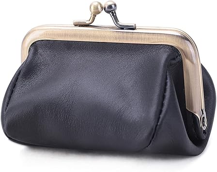 ROUROU Genuine Leather Clutch Bag for Women Kiss Lock Wallet Retro Coin Purse Coin Organizer Cute Purse