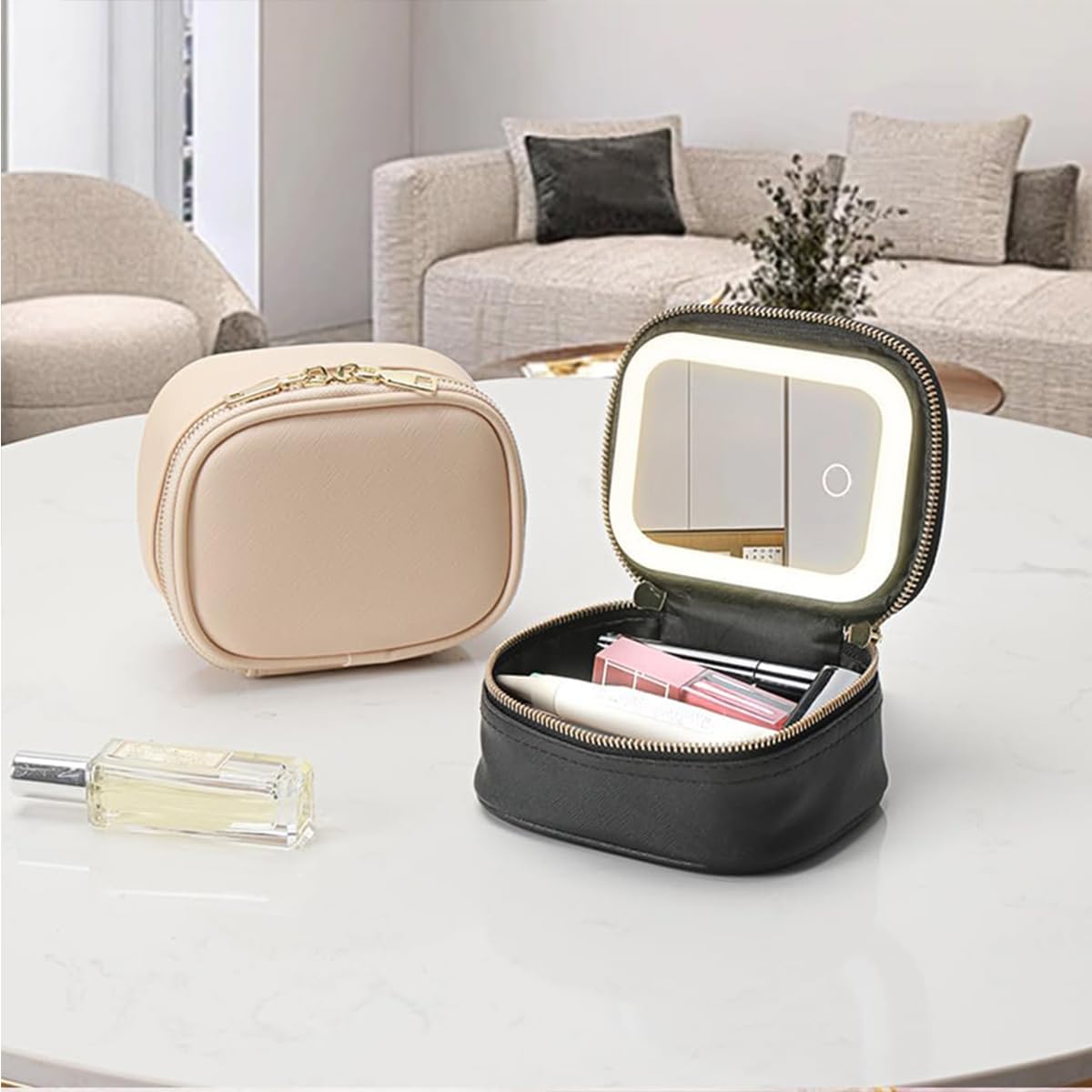 Trousse de maquillage avec miroir LED PU Noir Moderne