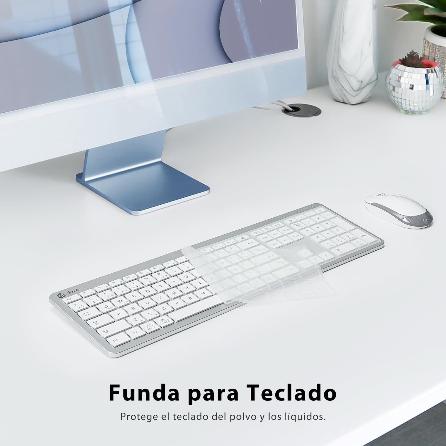 iClever Teclado y Ratón Inalámbrico GK08 Recargable Teclado Ergonómico Silencioso Diseño de Tamaño Completo con Teclado Numérico 2.4G Conexión Estable Teclado y Ratón Mac Delgado para Windows/Mac
