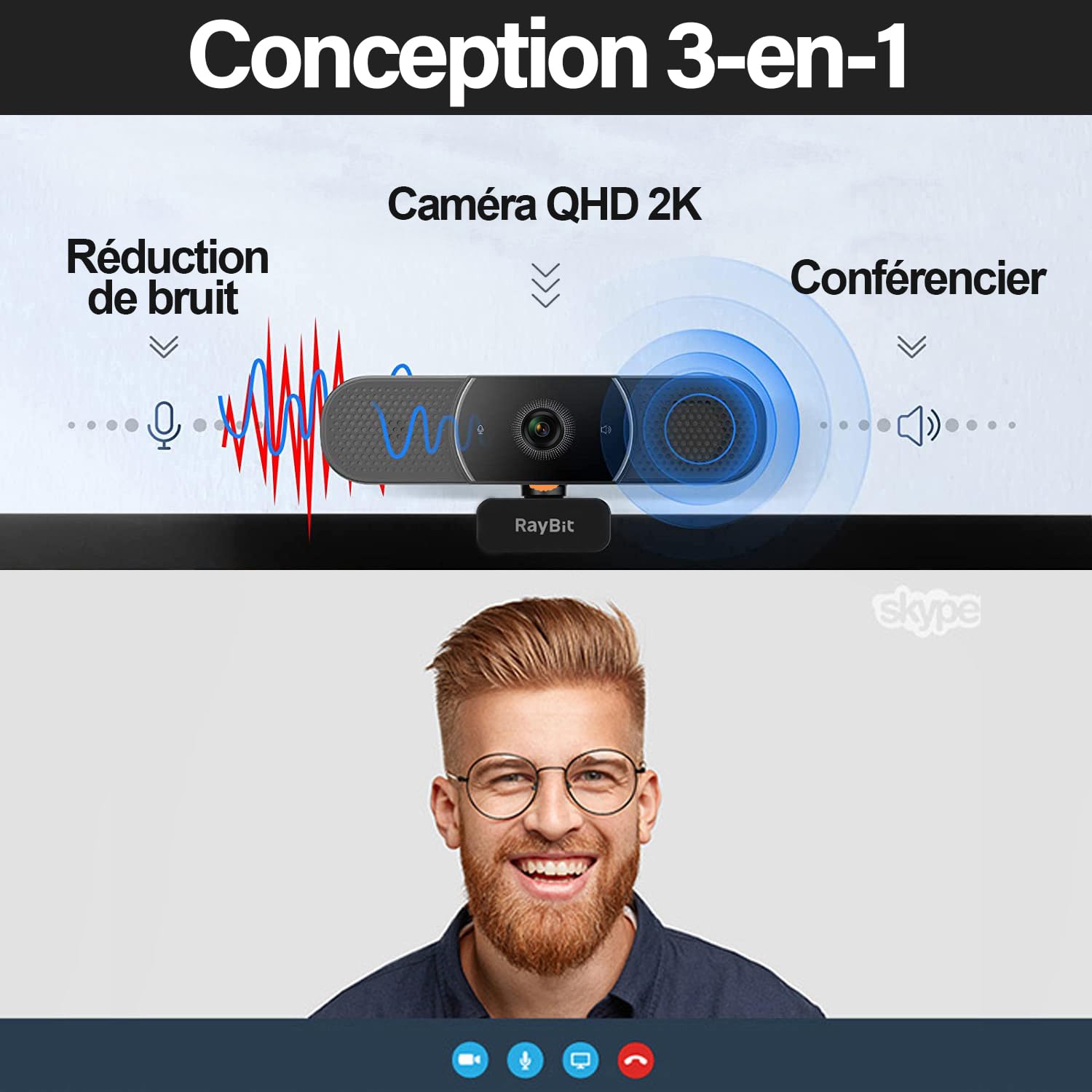 3 en 1 Webcam, 2K HD USB C Webcam avec Microphone, Haut-Parleur et Cache, Web Caméra d’Ordinateur pour PC, Desktop, Ordinateur Portable, Laptop, Video, Youtube, Skype, Teams, Zoom, Streaming