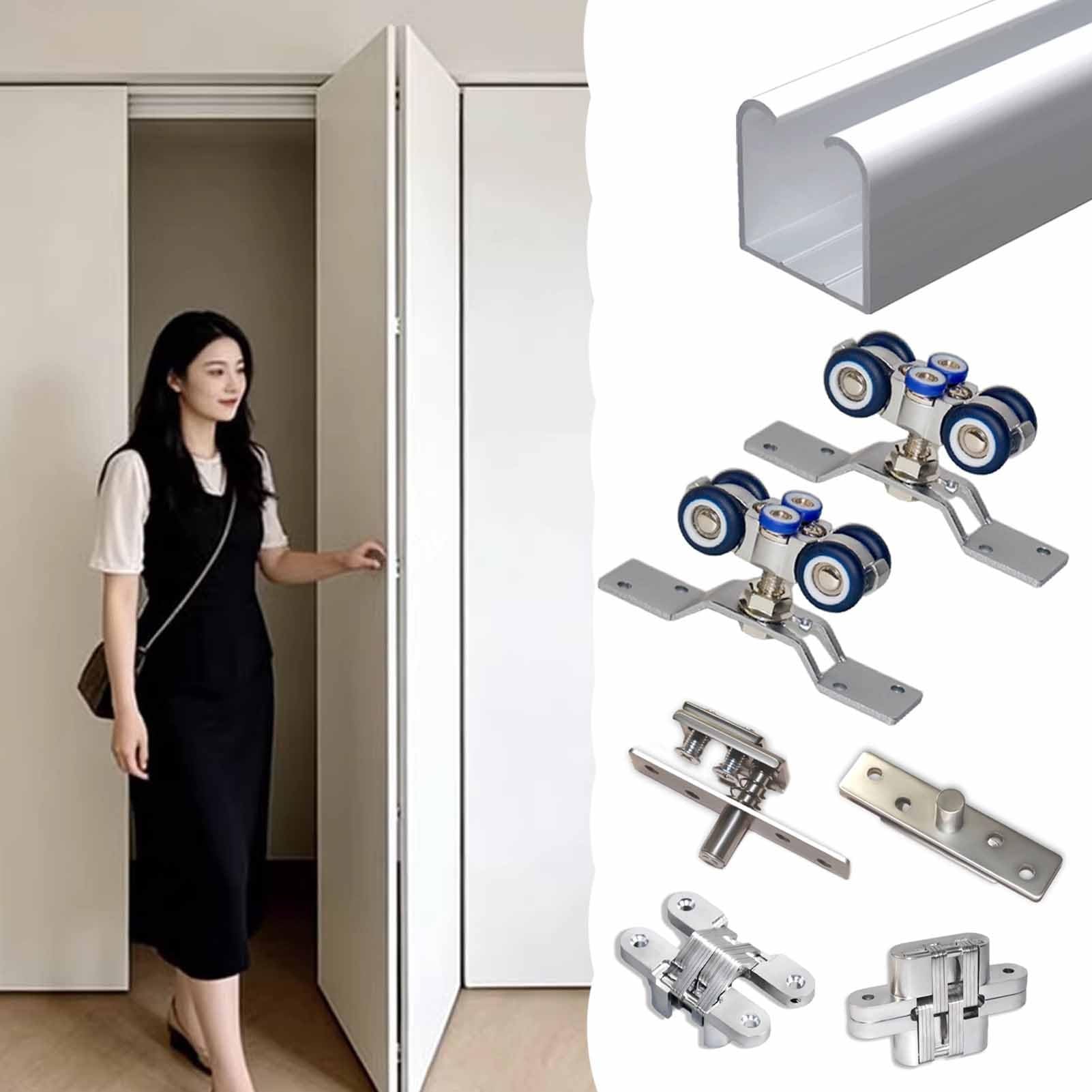 Vibeo Kit Puerta Corredera Oculta Kit de Herrajes para Puertas Plegables de Dos Hojas, Guía Superior para Puertas Correderas de Armario, Rieles de Aluminio para Armarios Plegables(75cm/30in)
