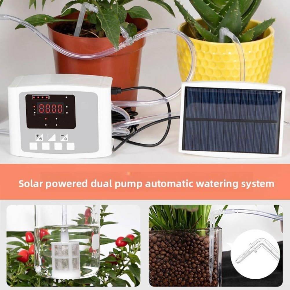 Temporizador de riego solar con bomba doble, sistema automático de riego por goteo con alertas de voz, batería de respaldo para balcón, jardín, oficina