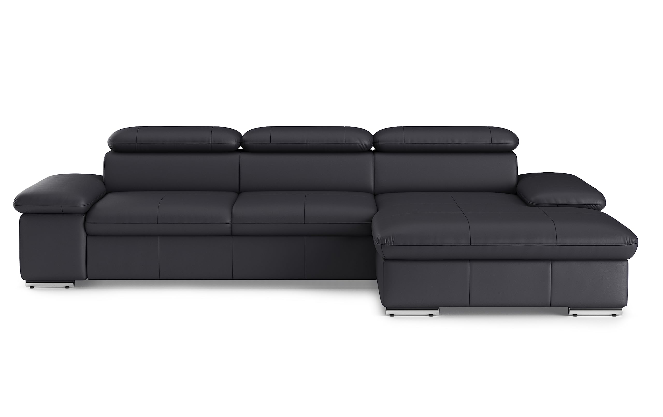 CAVADORE Leder-Schlafsofa Valerie mit XL-Longchair / Eckcouch mit Schlaffunktion, Kopfteilverstellung + großem Longchair / 286 x 73 x 174 / Echtleder Schwarz
