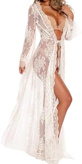 BUTTZO Women's Sexy Long Lace Sheer Gown - See Through Lingerie Kimono Robe Swimsuit Cover Up Dress