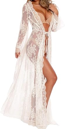 BUTTZO Women Sexy Long Lace Dress Sheer Gown See Through Lingerie Kimono Robe Swimsuit Cover Up