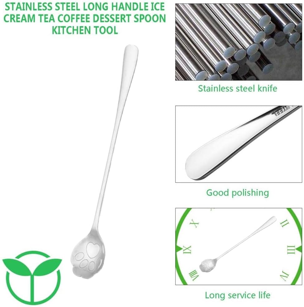 Set of 10 Cat Paw-Shaped Spoons - Long Handle 7.5-inch Design Perfect for Ice Tea, Ice Cream, Coffee Stainless Steel Stirring Spoons for Mixing Silver