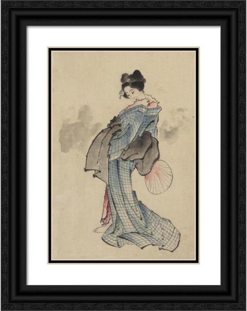Katsushika Hokusai - AV_52617jp - Woman, Full-Length Portrait, Standing, Facing Left, Holding Fan in Right Hand, Wearing Kimono with Check Design (1830-1850)