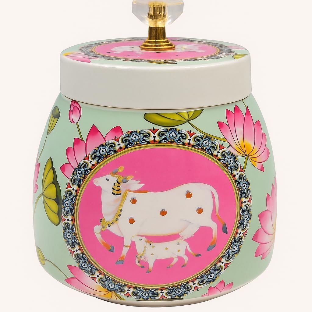 Pichwai Peacock Decorative Jar with Crystal Knob Lid – Handcrafted Ceramic Jar with Multicolor Art Design for Home Décor, Kitchen, and Table Display