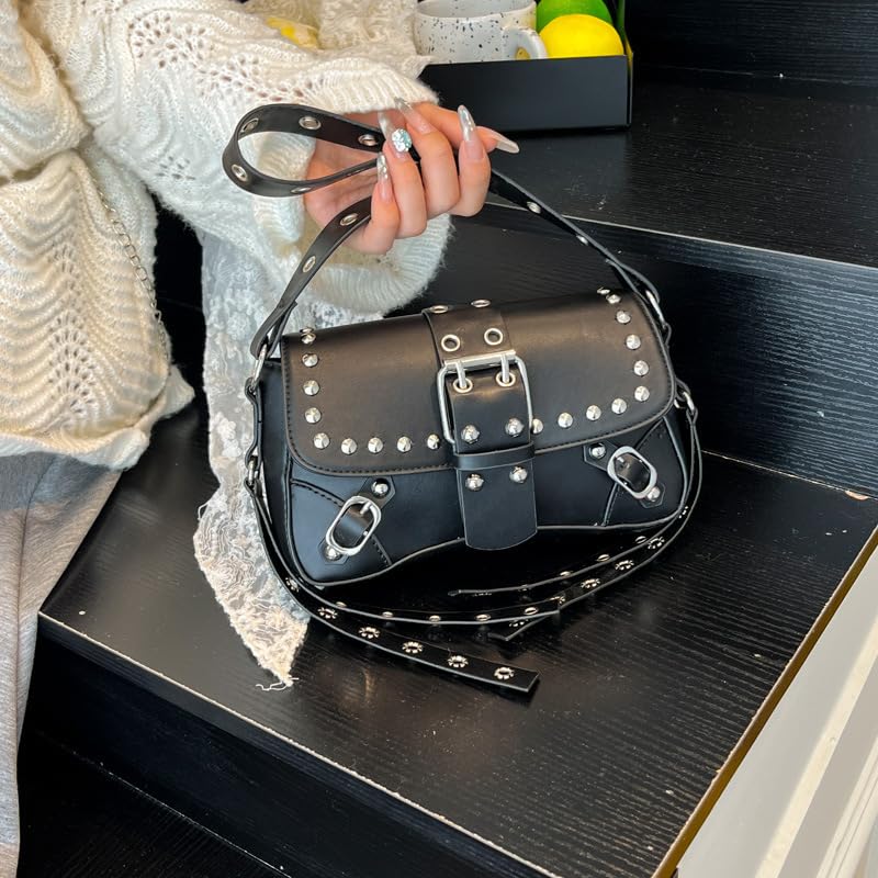 Image of Women's Y2K Purse Shoulder Bag Top Handle Handbag Small Punk Hobo Clutch Purses Bags Trendy Trendy Leather Buckle Punk Purses