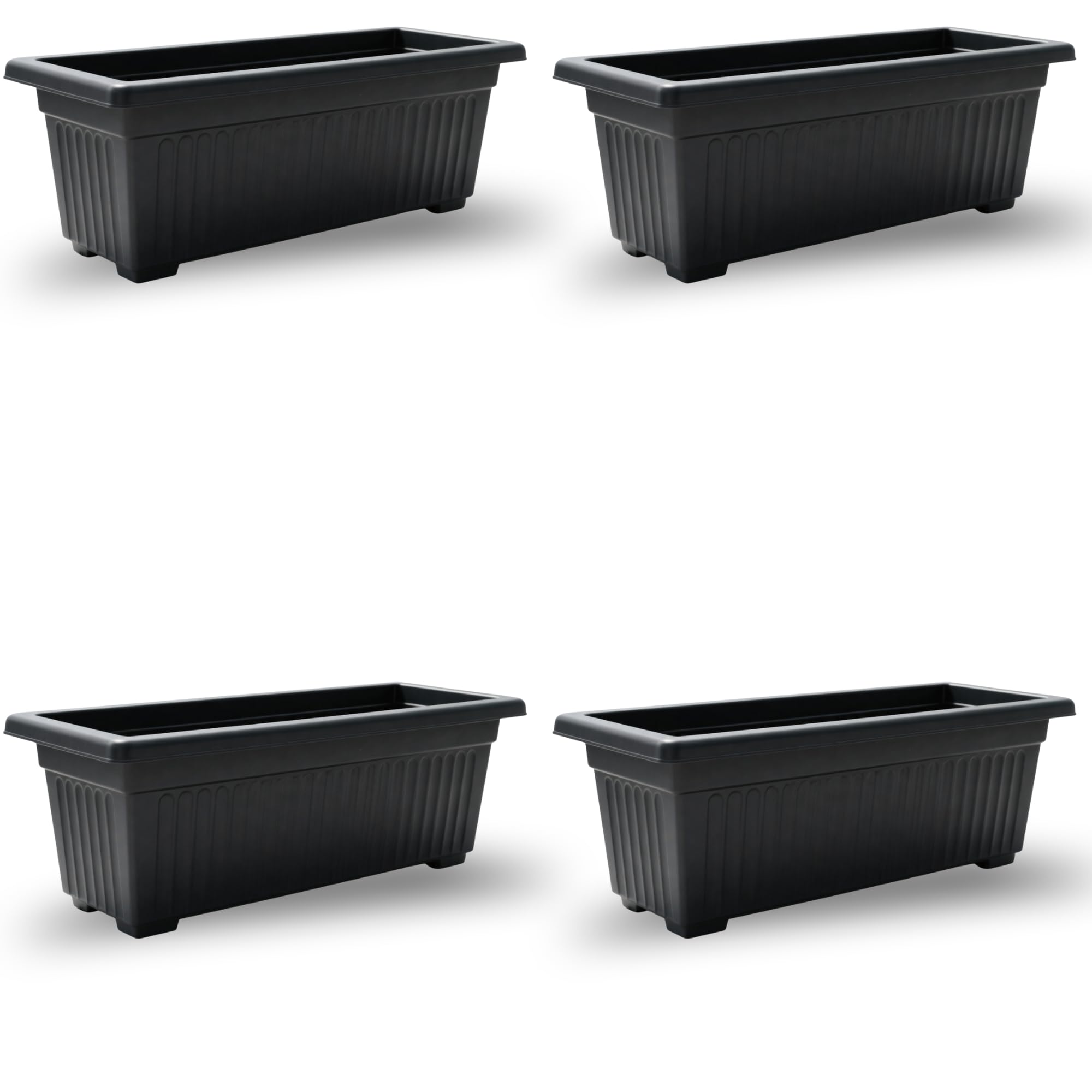 KYY'Z Rectangular Plastic Window Trough Planters - Durable Window Boxes For Vegetables, Balconies & Office - Optimized Drainage & Airflow Planter Pot (Sleek Black, 4 Pack 70cm)