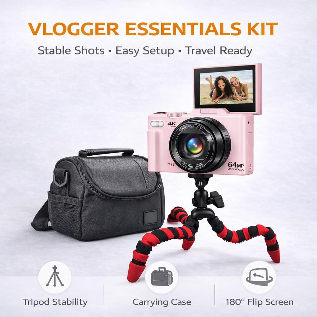 4K Digital Camera 64MP Vlogger Essentials Kit with Flexible Tripod, Carrying Case, Wide Angle Lens, 180° Flip Screen, WiFi, 16X Zoom