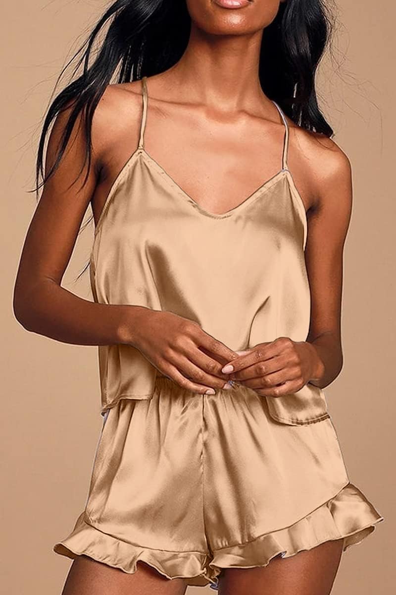 CHYRII Women's Sexy Silk Satin Ruffled Pajamas Sets Cami Shorts Sets Sleepwear - Image 4
