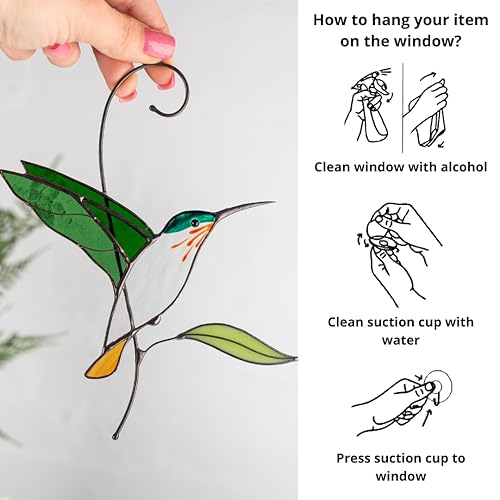 Miniatura 8 de Gift Birds Handmade Stained Glass Suncatcher Genuine Stained Glass Window Hangings Unique Indoor Ornament & Outdoor Decor (HUMMINGBIRD)