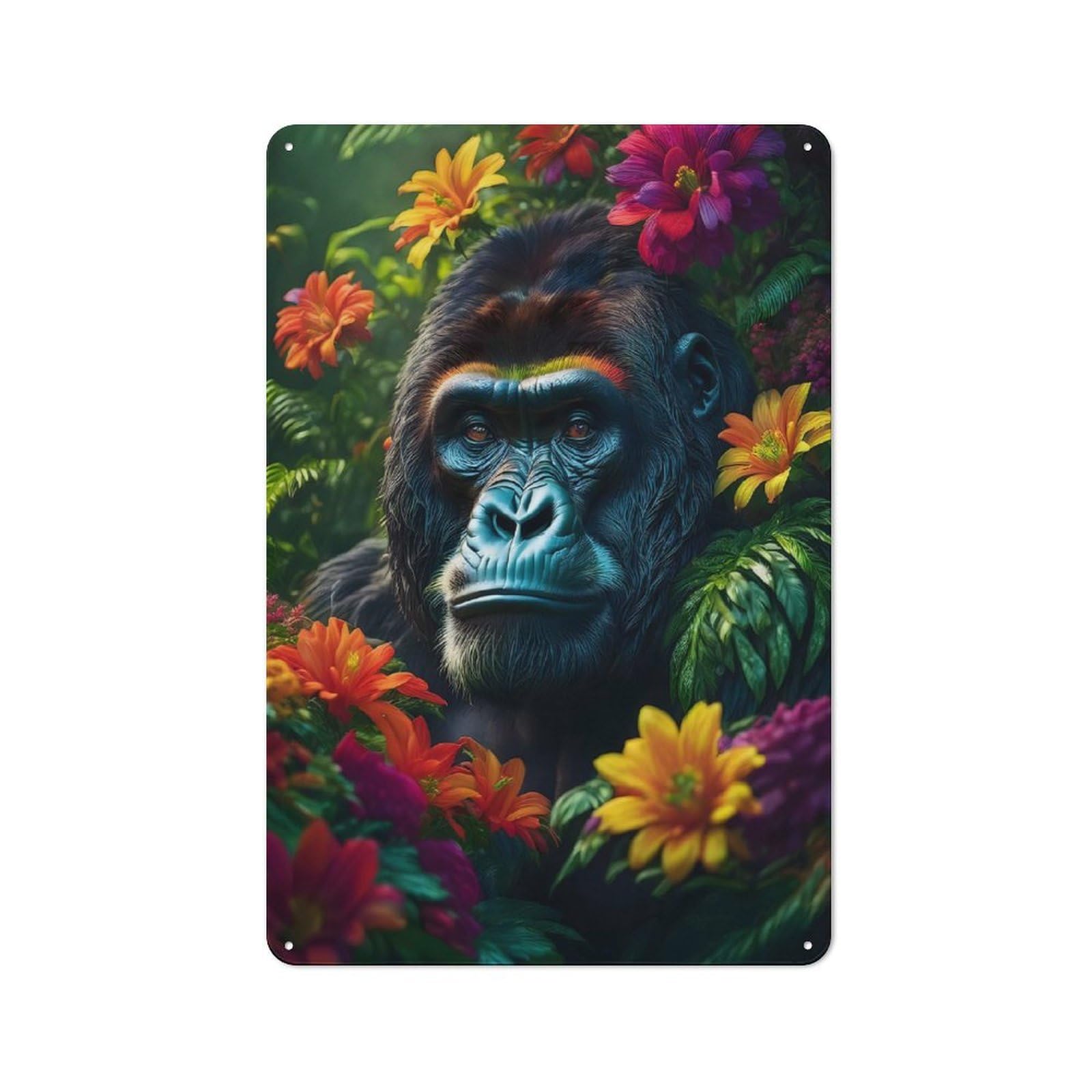 Junmoney Style-15 Tin Wall Plaque 30X20cm With Gorilla In Flowers For Pub Or Café, For Hospitality Wall Decor Collectors