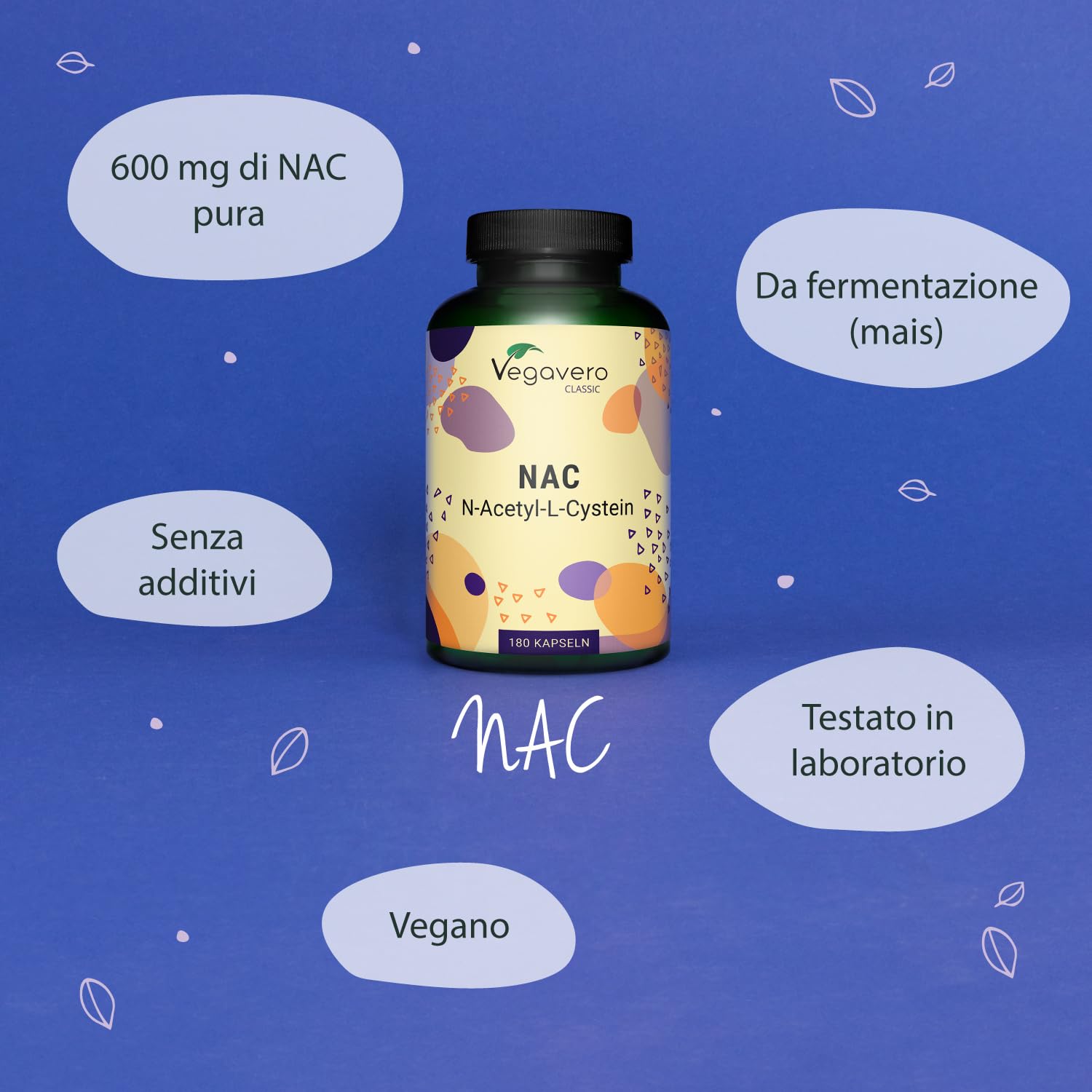 NAC N-Acetil-Cisteina 600 mg | 180 capsule (6 Mesi) | Alto Dosaggio | 100% NATURALE da Mais | Precursore del Glutatione | SENZA ADDITIVI | Integratore N-Acetyl L-Cysteine | Vegan | Vegavero
