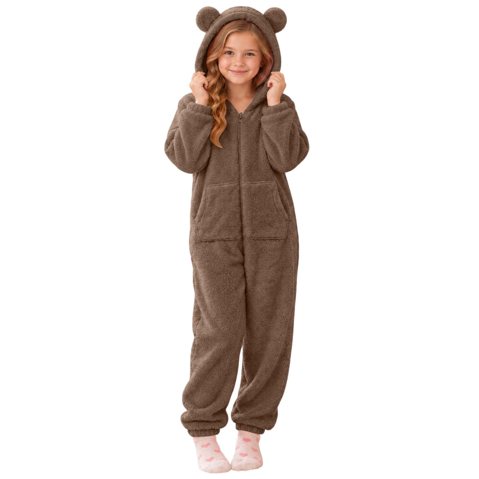Girls Animal Onesie Fleece Fuzzy Warm Sherpa Bed Jumpsuit with 3D Hood — image 1