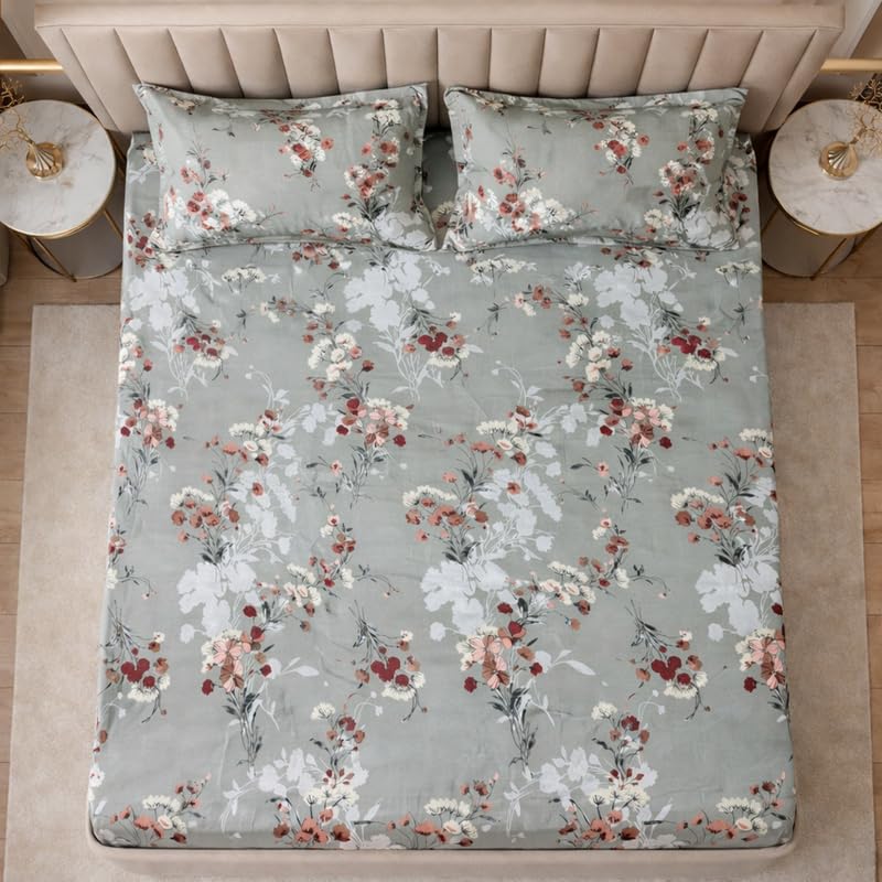 Image of THEA King Elastic Fitted Double Bedsheet Set| 180 TC Cloud Soft Cotton Touch| 1 King Elastic Double Bedsheet for King Size Bed (72 X 78 x 10 inches) with 2 Pillow Covers,Sage Whisper