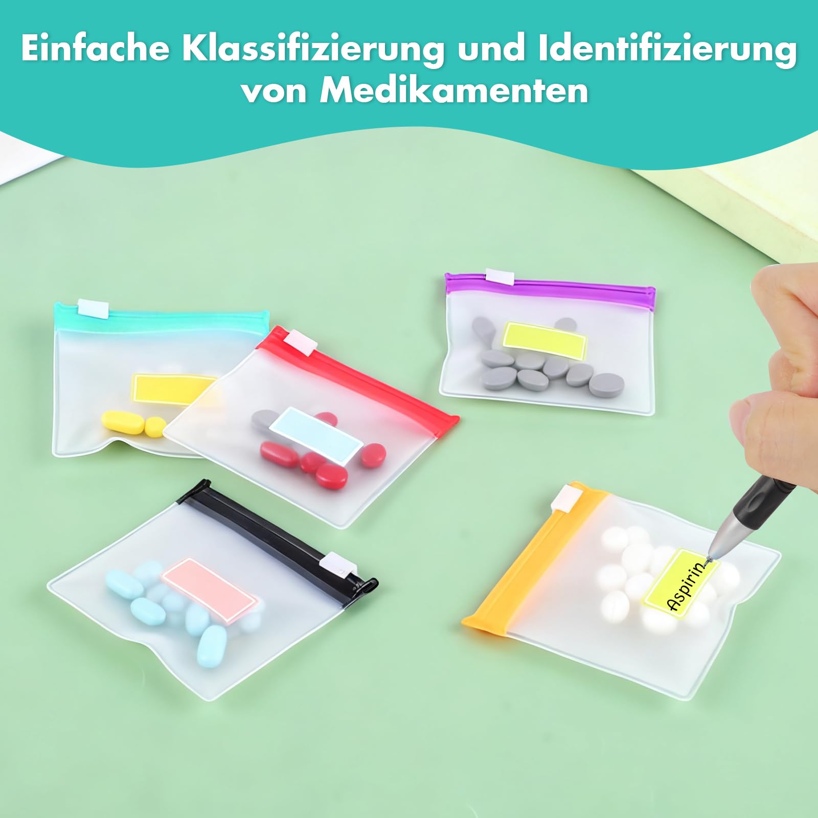 15 Stück Mini Zip Beutel, 7,5 x 7,5 cm Wiederverwendbare Medikamententasche Klein, EVA Tragbare Kleine Zipper Tütchen, Mehrfarbige Pillenbeutel mit 16 Aufkleber, für Reisen und Alltag