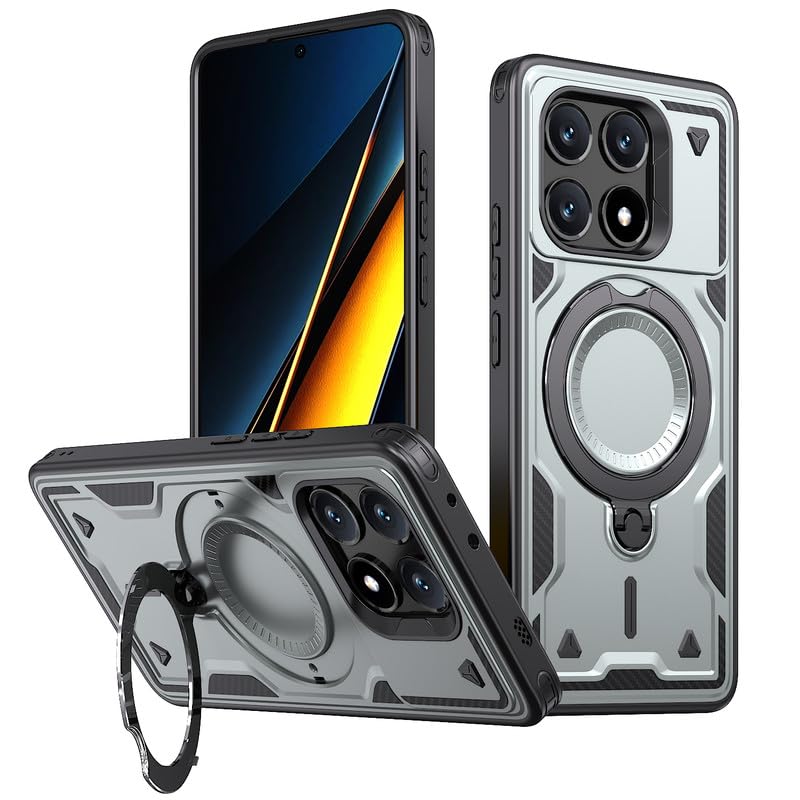 Image of Bumper Armor Shockpoof Case Compatible with Poco X6 Pro 5G, Magnetic Attraction Ring Holder Phone Cover and 360 Protection Rotate Stand Case Cover for Poco X6 Pro 5G - Silver