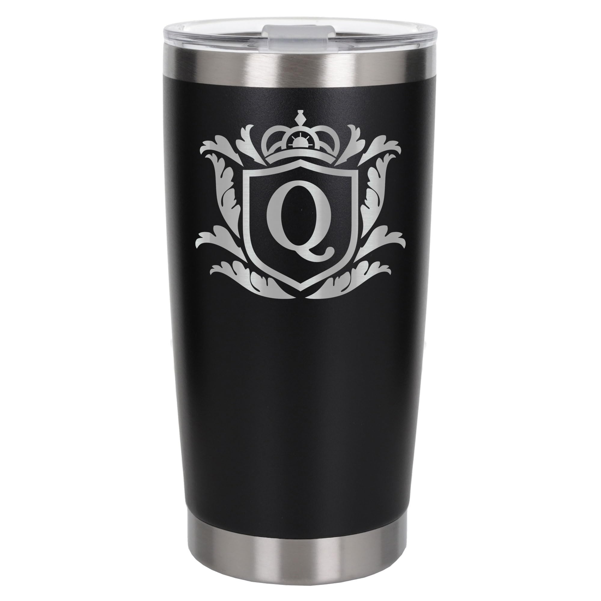Customised Gifts 500ml Engraved Shield Initial Monogram Insulated Personalised Black Travel Mug for Men and Women - Personalised Initial Coffee Travel Mug for Hot and Cold Beverages, Letter Q