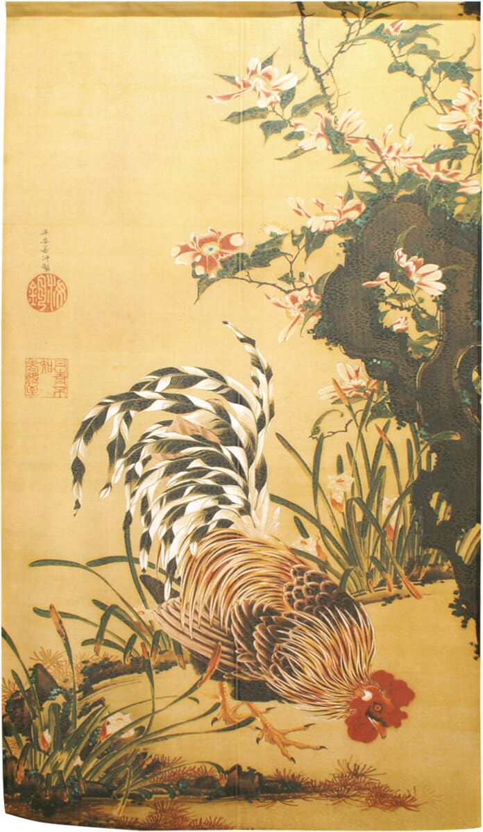 Amazon.co.jp: のれん工房 のれん 和風 伊藤若冲 花卉雄鶏図 日本絵画