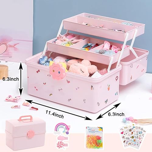 Miniatura 5 de MASKMELLOW Shapeazy - Organizador de accesorios para el cabello para niñas, caja de plástico de 3 capas con bandeja plegable y asa, contenedor
