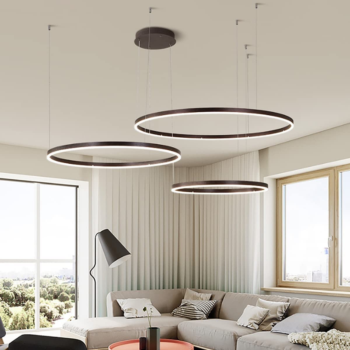 KXEcoLife Modern LED Dimmable Pendant Light with Remote Control for Living Room Bedroom Salon and Dining Adjustable Height Ring Chandelier in Brown Color