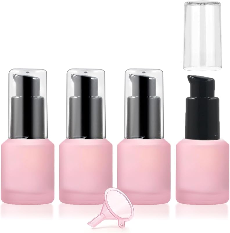 DPLASKA Frascos de vidro fosco rosa com bomba, 15 mL, Pacote com 4 e funil