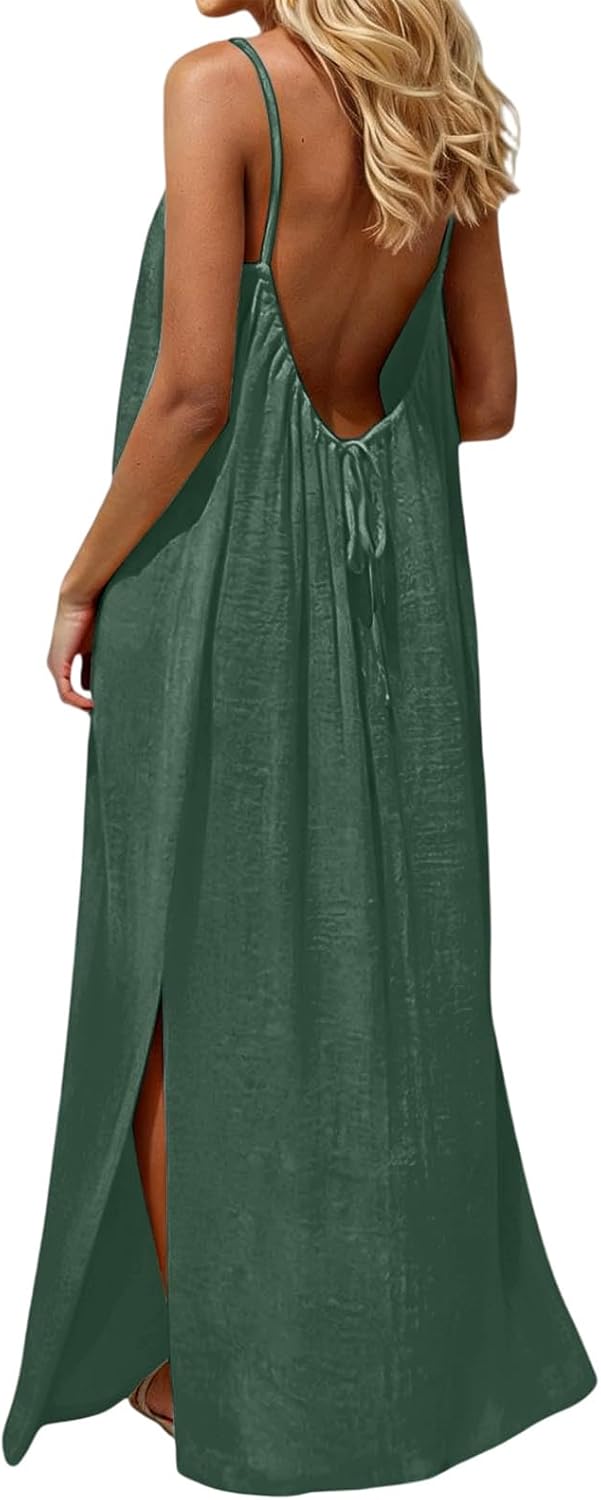 Cami Dresses for Women Sleeveless Cami Lounge Dress Backless Summer Split Dress Beach Maxi Sundresses with Back Tie - Image 6