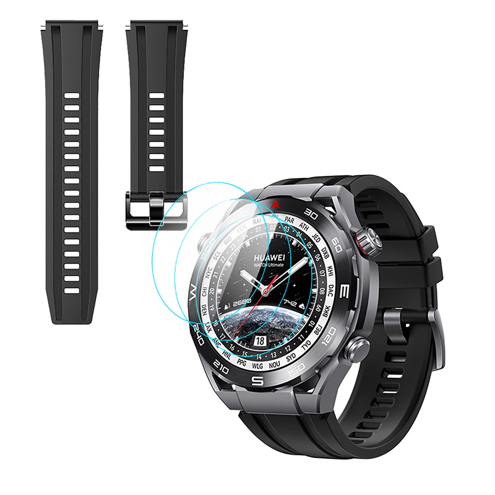 Giopuey Pasek kompatybilny z Huawei Watch Ultimate, (2 w 1) miękki silikonowy pasek do zegarka + 3-pak ochraniacza ekranu TPU, wymienny, oddychający pasek odporny na zużycie, for Huawei Watch Ultimate