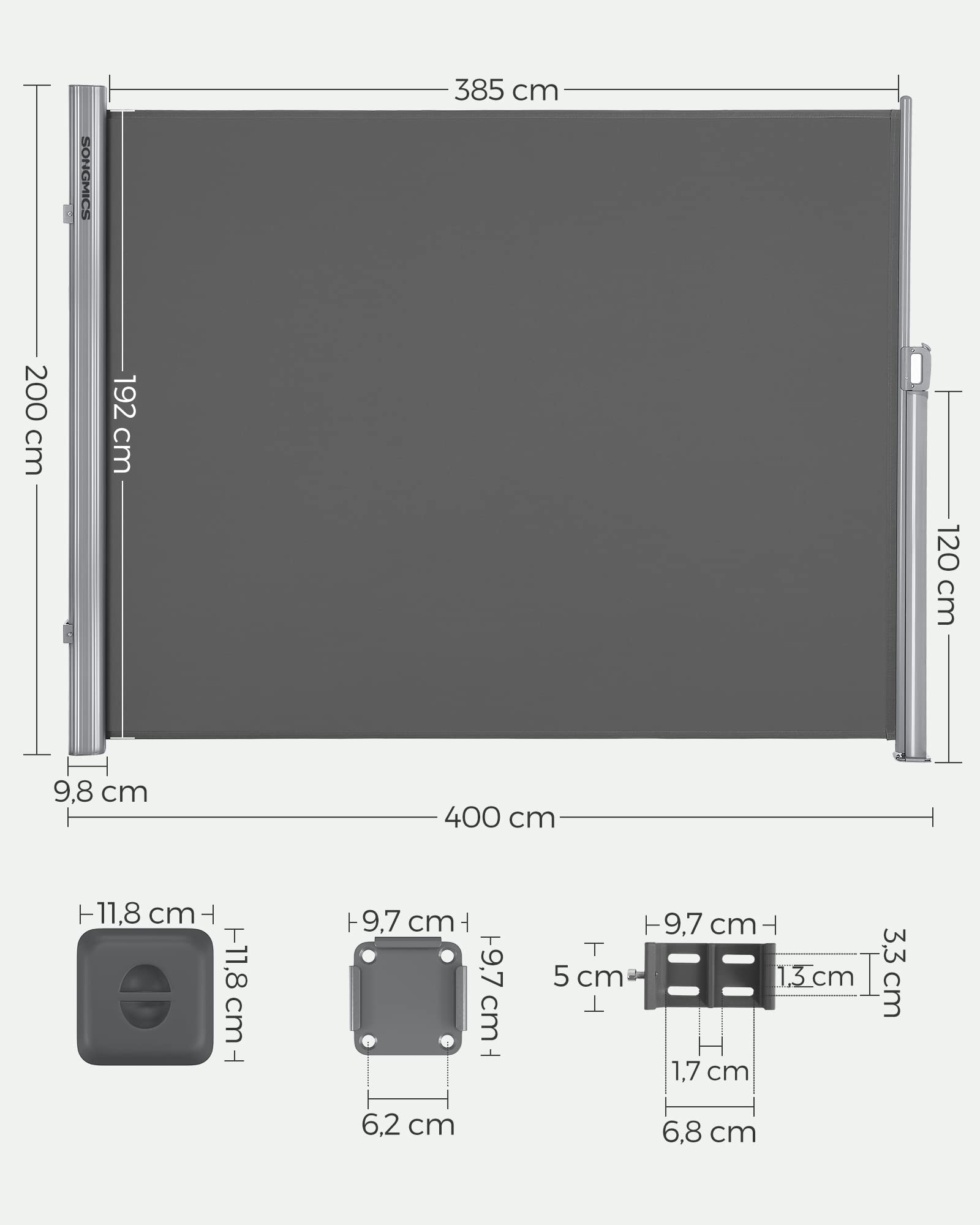 SONGMICS Alu-Seitenmarkise, ausziehbar, 200 x 400 cm, Blickdicht, Sonnenschutz, blickdicht, Seitenrollo, für Balkon, Terrasse, Garten, anthrazit GSA204G01