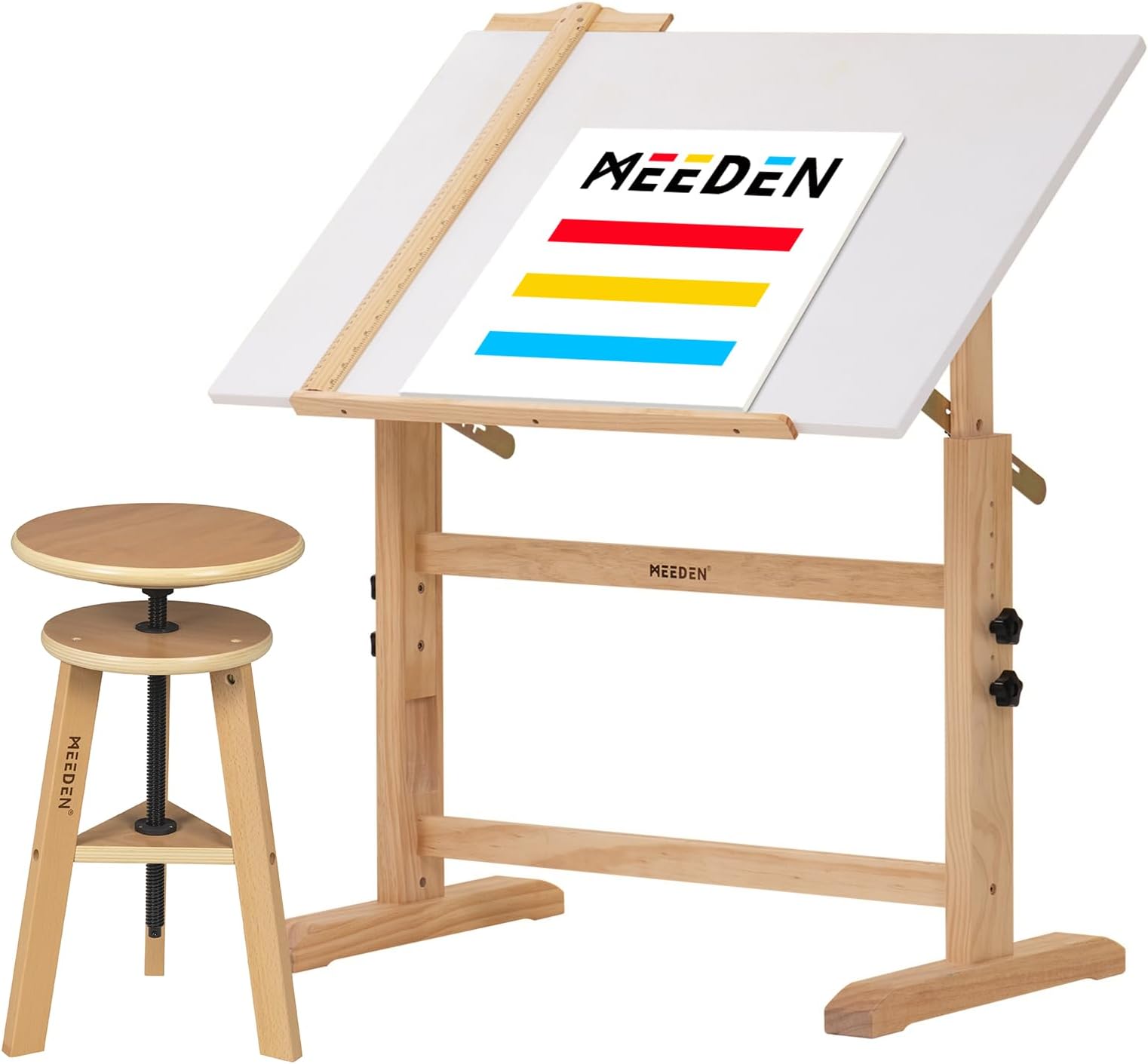 MEEDEN White Board Drafting Table and Stool Set, Height Adjustable Artist Wooden Stool, Art Craft Table, Tilting Drawing Desk, Artist Desk for Writing, Reading, Artwork