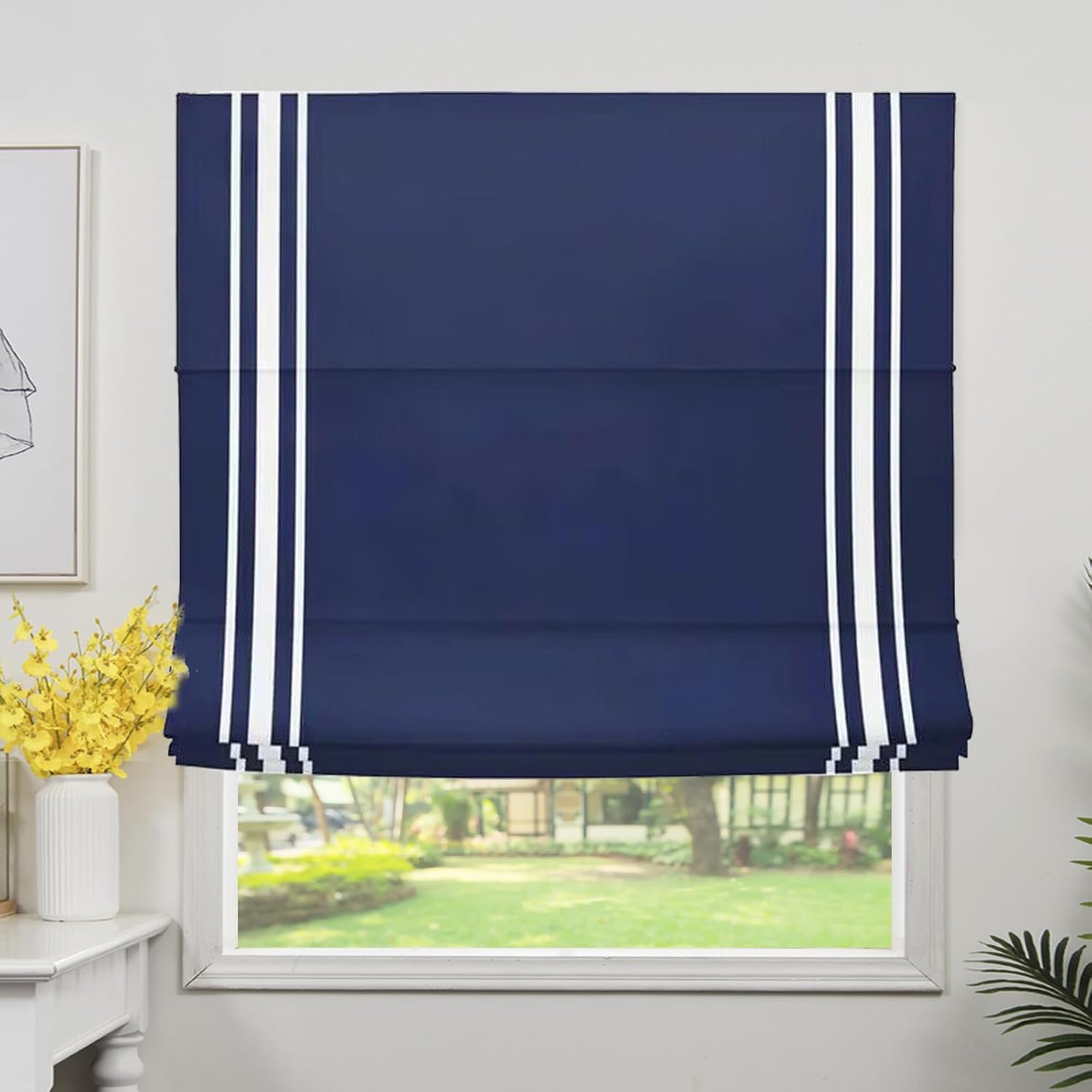 Cordless Roman Shades with Ribbon Border, Navy White Room