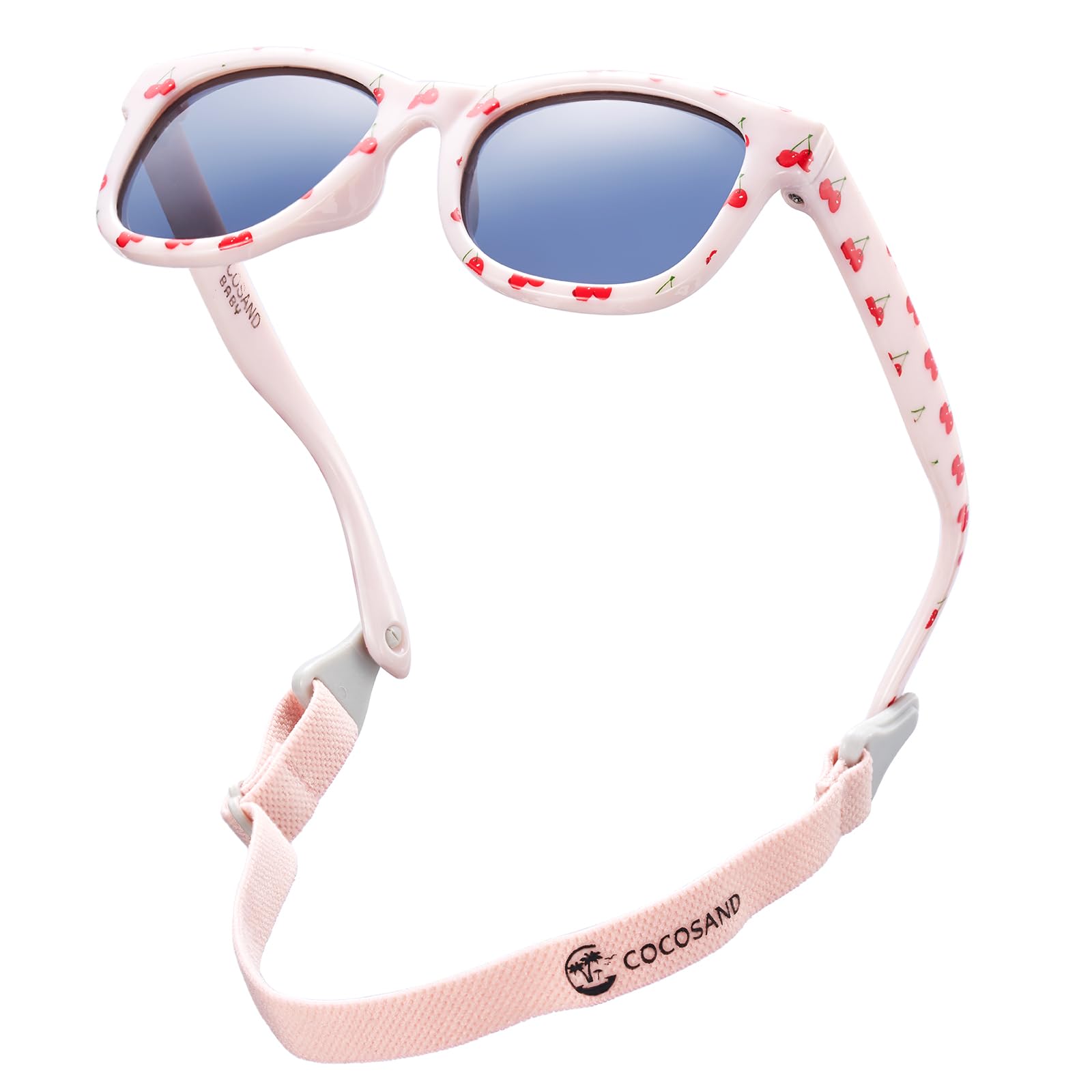Flexible Polarized Baby Sunglasses with Strap | UV Protection, Bendable, For Toddler Infant Newborn Girl Boy, Age 0-24 Months TPE Pink With Cherry Print