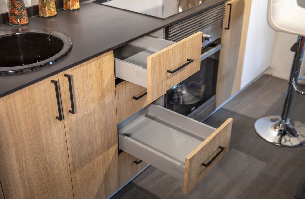 Cajón de cocina con guías laterales de auto freno y maderas de montaje base y trasera incluidas, rieles de hasta 50 kg de peso, color en blanco, fondo de 50 cm (MODULO - 60)