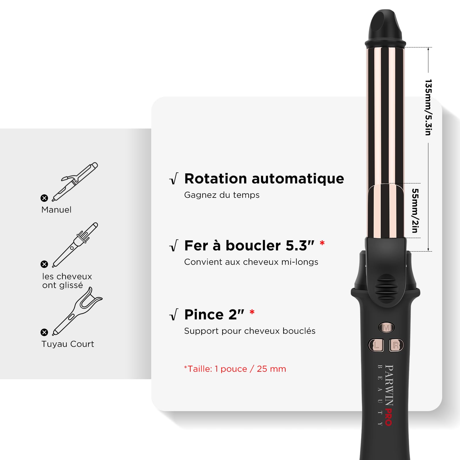 Rotation à 360°, Boucleur Automatique, PARWIN PRO BEAUTY Boucleur à Cheveux, 25mm Fer à Boucler, Revêtement en Nano Titane, Fer à Friser avec Affichage LCD, 120-210℃