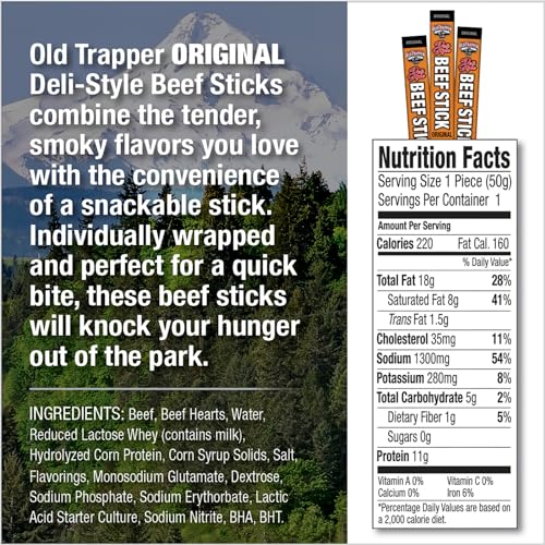 Image of OId Trapper Original Deli-Style Beef Sticks, 1.75-Ounce Individually Wrapped Packages, 11 Grams of Protein and Zero Grams of Sugar per Serving (Pack of 26)