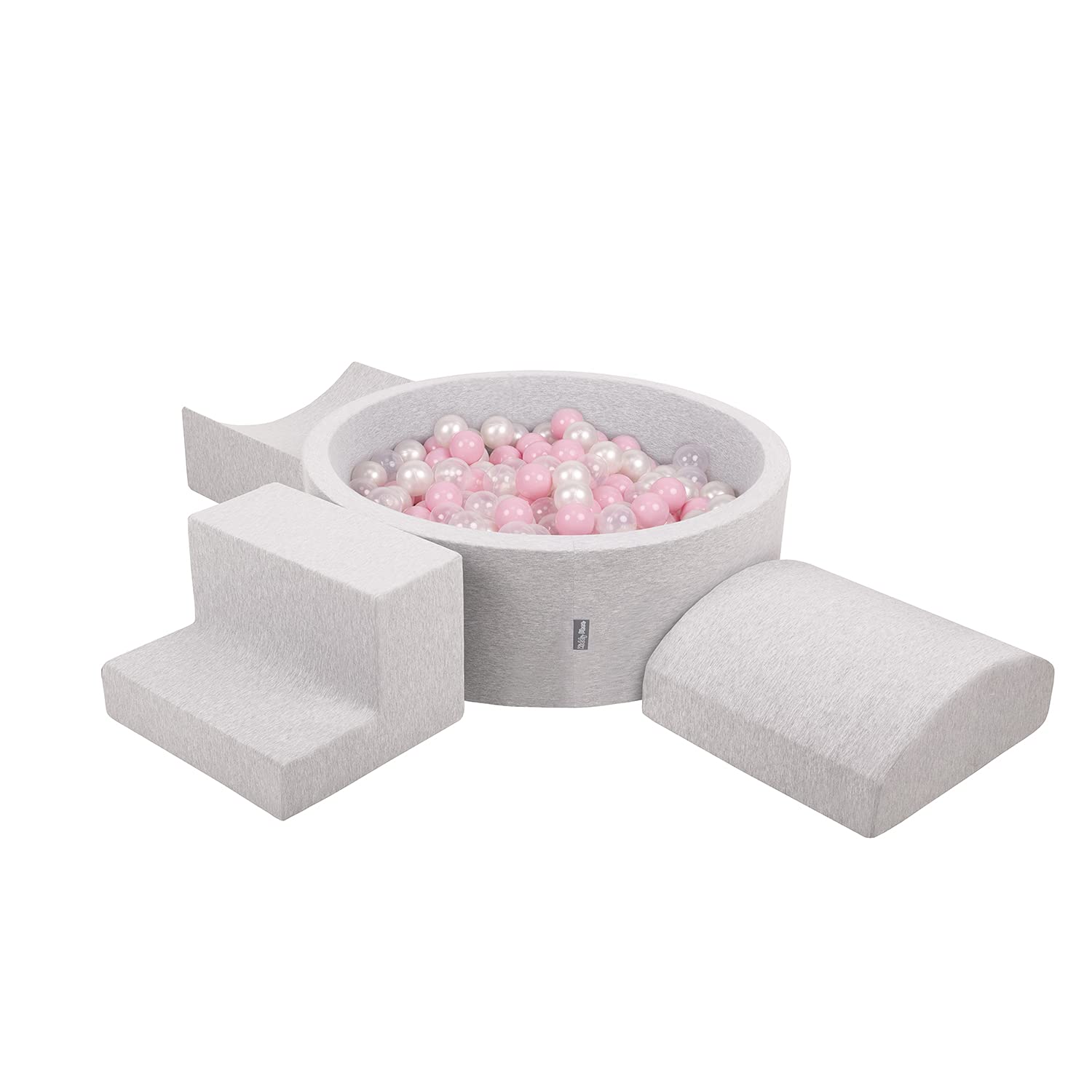 KiddyMoon Foam Playground For Kids With Round Ballpit (300 Balls) Obstacle Course, Lightgrey:Powderpink/Pearl/Transparent