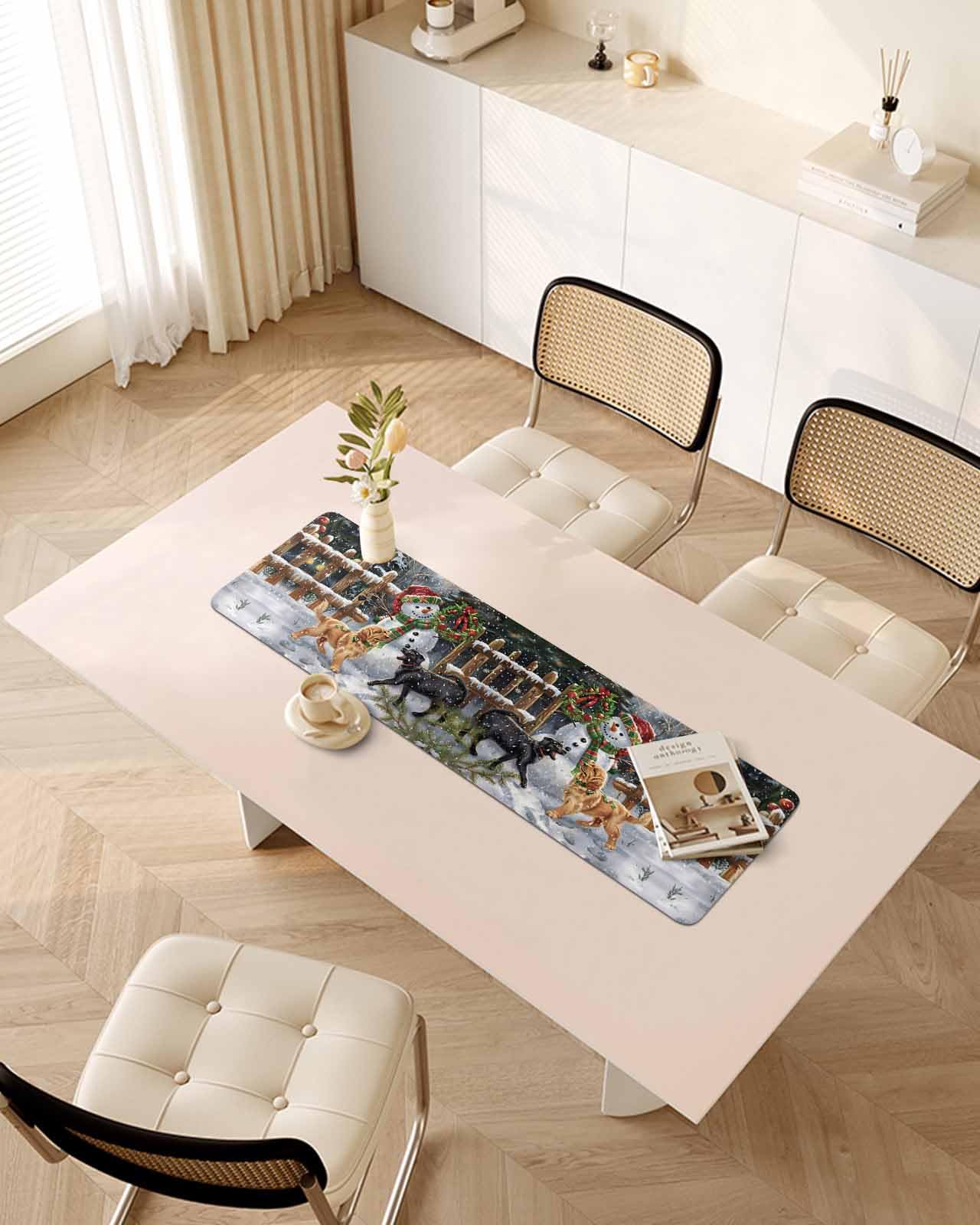 Debedcor Heat Proof Table Pads Waterproof Decorative, Christmas Snowman Non-Slip Table Countertop Protector, Winter Xmas Trees Dogs Snow Insulation Mat for Dining Room, 48 x 12 Inches