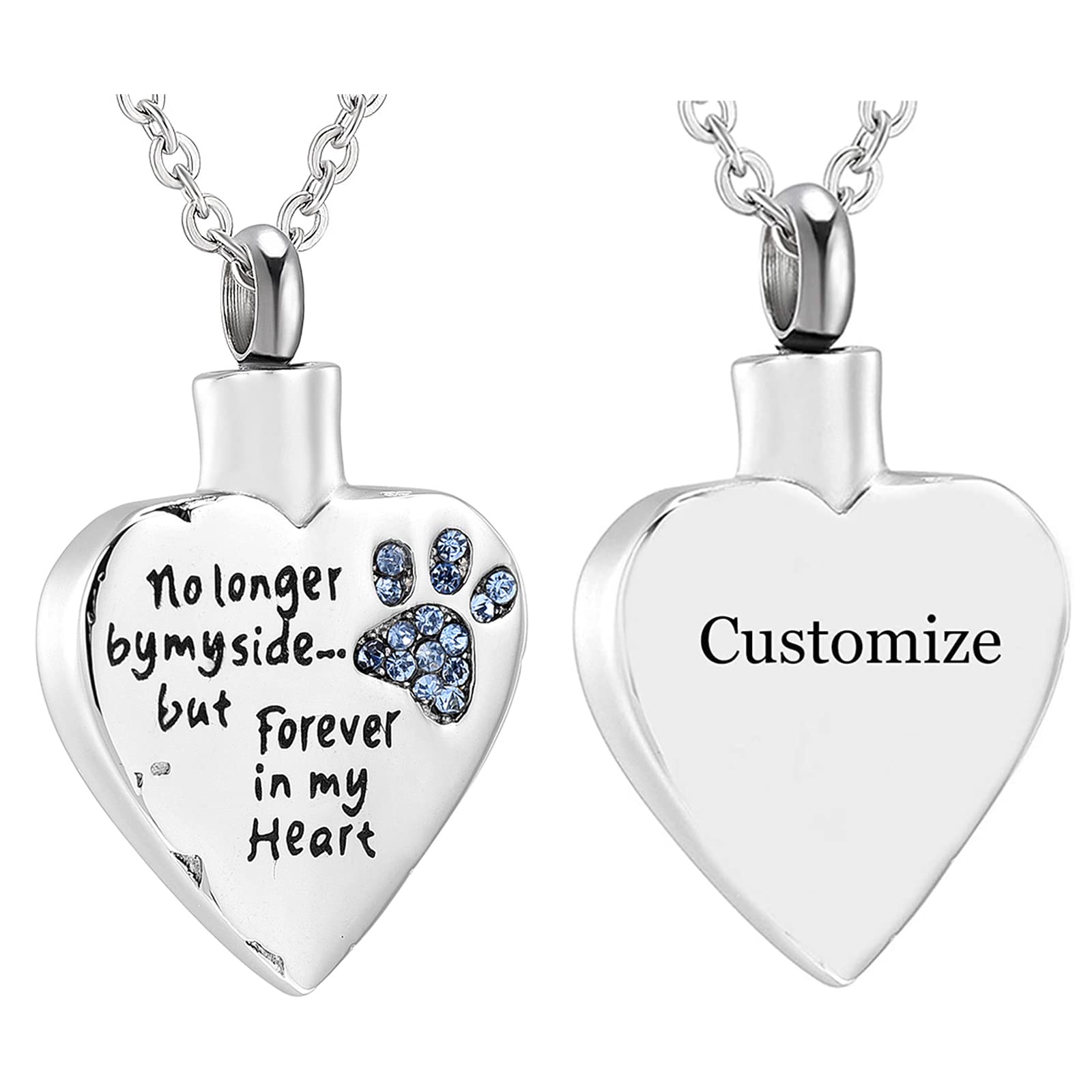 Yuioiow Pet Cremation Jewelry for Ashes Stainless Steel Crystal Heart Keepsake Pendant Dog Cat Paw Memorial Urn Necklace (Customize)