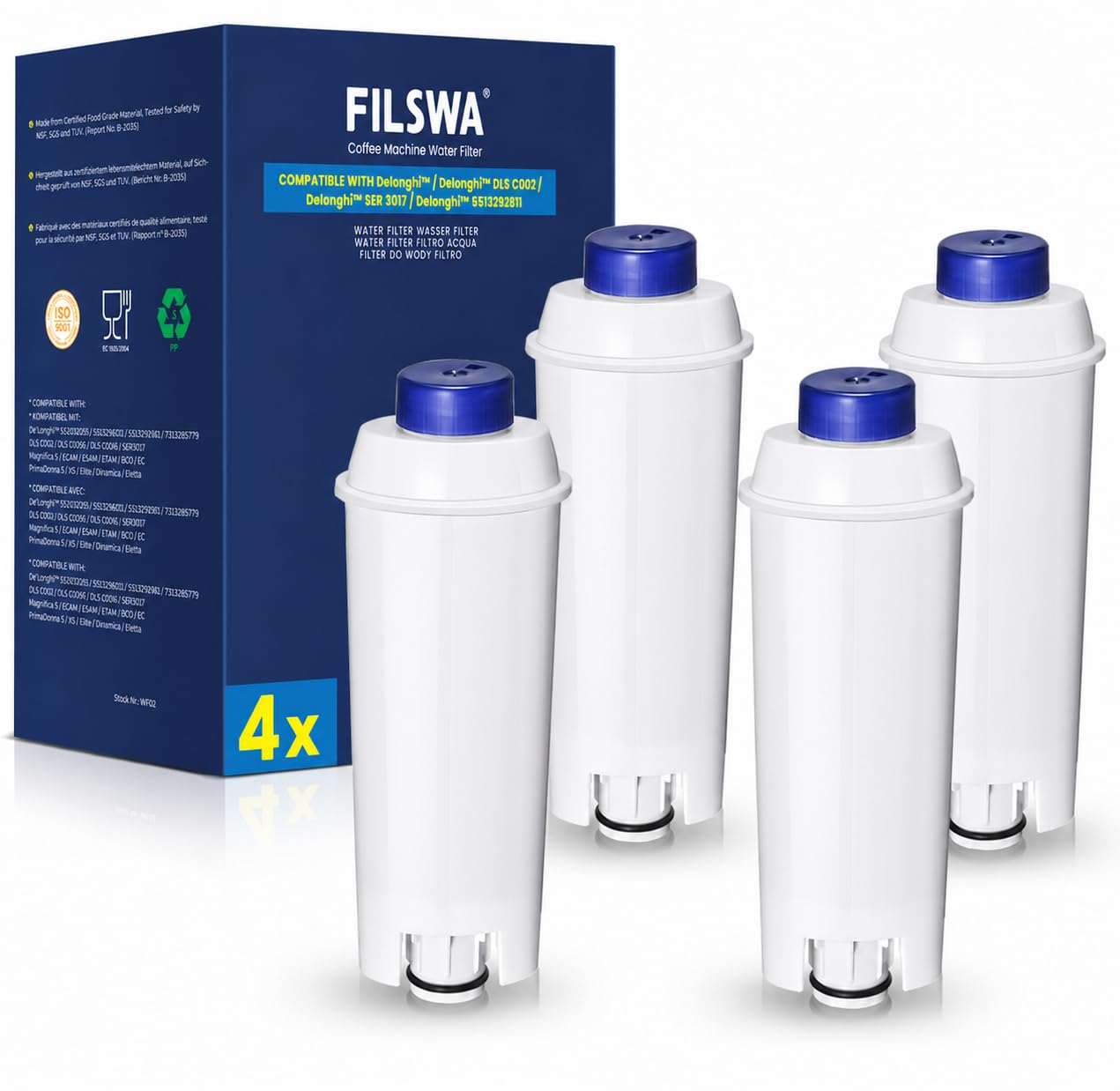 Delonghi Wasserfilter Ersatz für Kaffeevollautomaten, Kompatibel mit ECAM-Serie, Dinamica, Magnifica & Magnifica S/Evo, ETAM Autentica, Eletta Explorer, Prima Donna, Rivelia, Esam, DLSC002 (4 Stück)