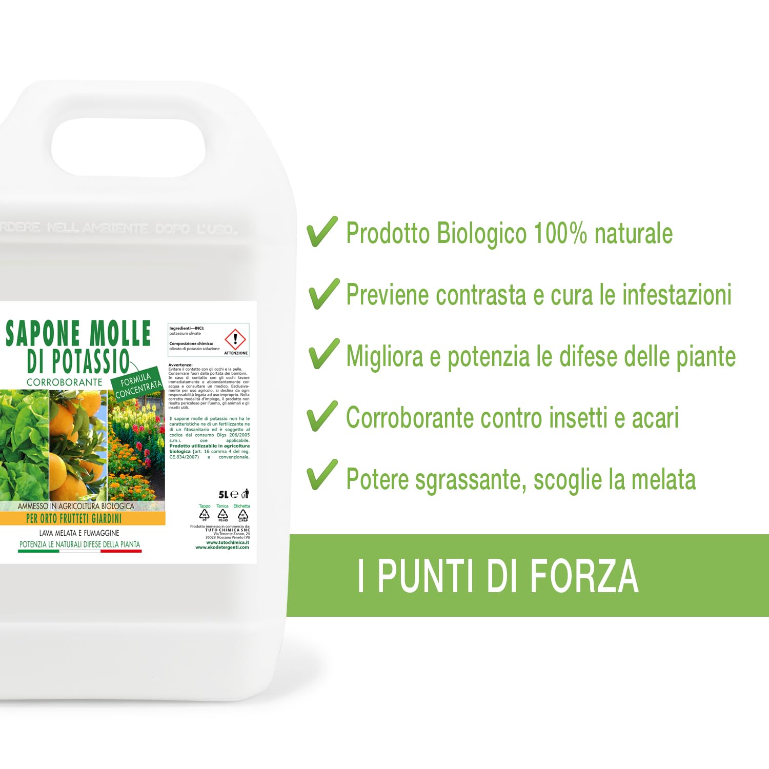 Sapone Molle di Potassio 5L per Orto e Frutta, Corroborante Concentrato - Efficace su Insetti parassiti melata e fumaggine