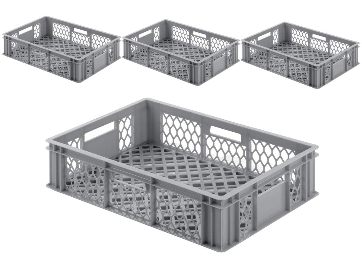 1a-TopStore VE (4 Stk.) Gastronomie Stapelkiste Stapelbox Euro-Maß, 600x400x154 mm (LxBxH), Wände und Boden offen/durchbrochen, mit Grifföffnungen, lebensmittelecht aus HD-PE (grau), perforiert
