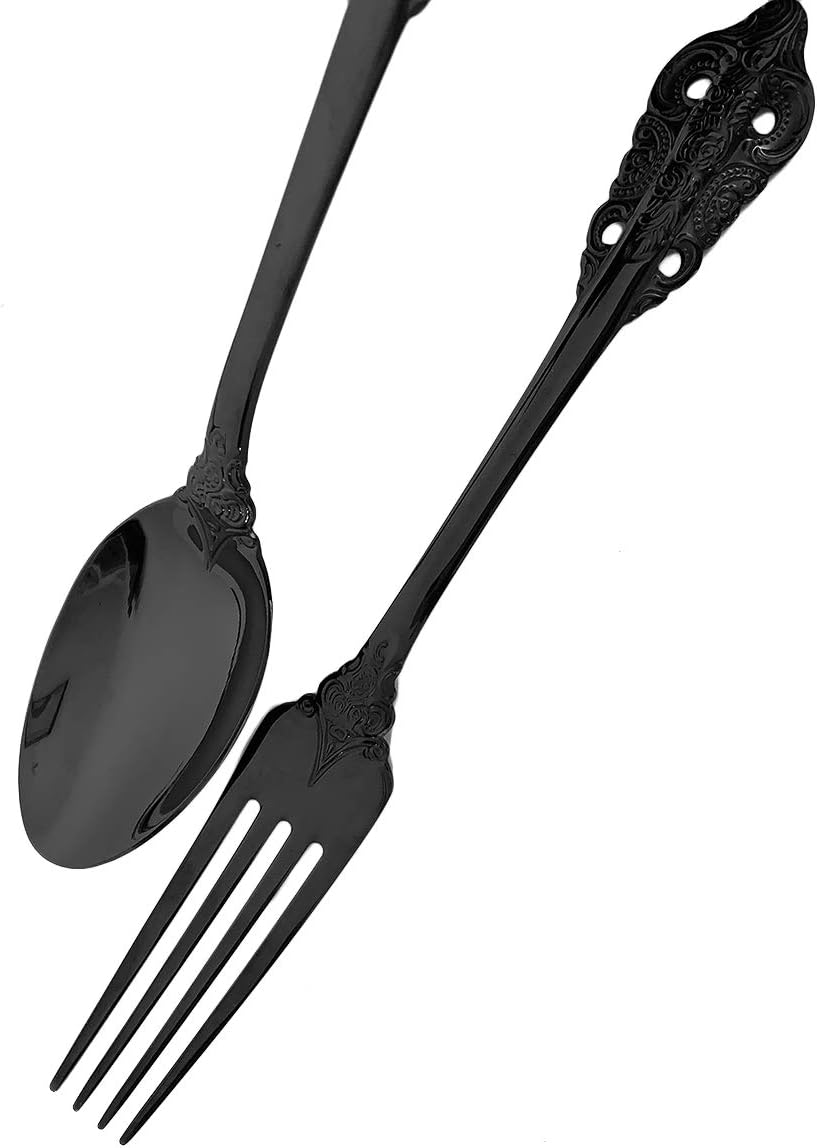 24-Piece Pure Black Kitchen Silverware Set, 304 Stainless Steel Flatware Set Service for 6, Tableware Cutlery Set for Home Restaurant Party, Dinner Forks/Spoons/Knives, Round Edge & Mirror Finish