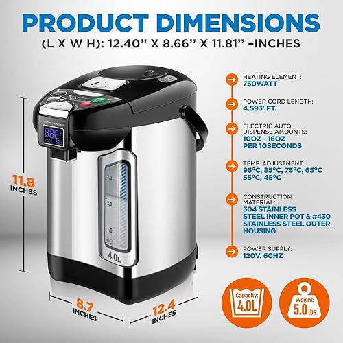 Miniatura 8 de NutriChef Caldera de agua digital y calentador – Dispensador eléctrico de agua caliente de acero inoxidable de 5 L/5.28 cuartos de galón