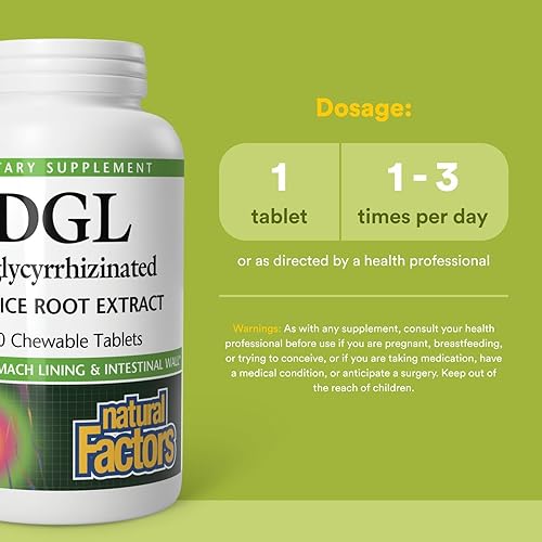 Miniatura 3 de Natural Factors DGL masticable 400 mg extracto de regaliz para una digestión saludable 180 unidades paquete de 1