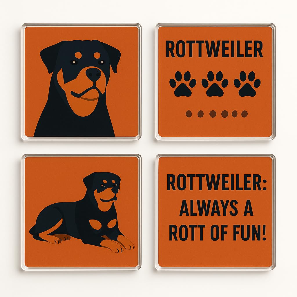 The Plum Penguin Rottweiler Vibe Acrylic Coaster Gift Set Of 4 With Rottweiler Theme - Playful Dog Lover Home Decor For Pet Enthusiasts