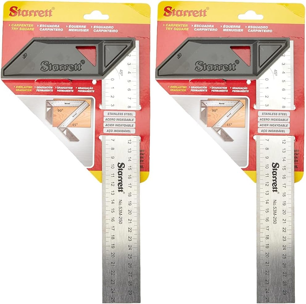 Starrett Carpenter Square - K53M-250-S Stainless Steel Angle Ruler Carpentry 250mm (10”) - Aluminium Alloy Handle for Craftsman Woodworking (Pack of 2)