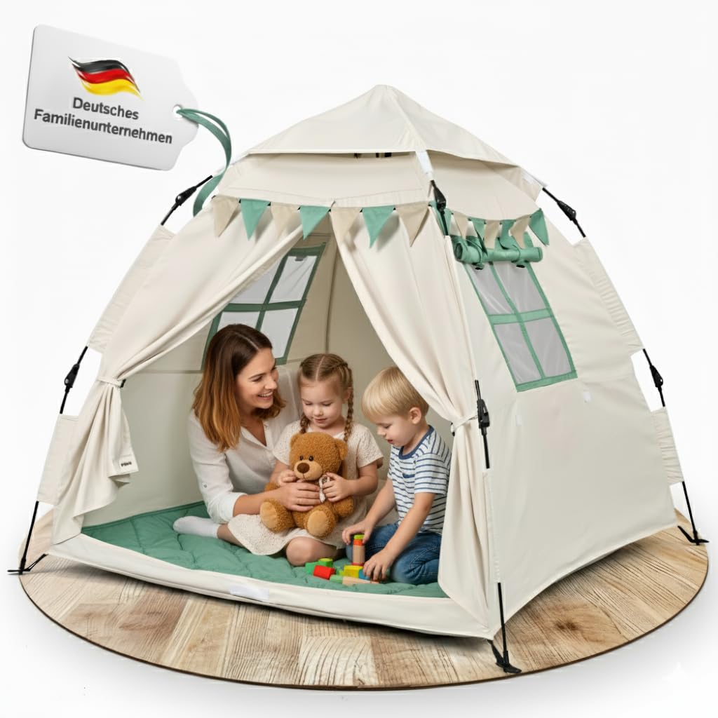 Spielzelt Kinder Indoor mit Bodenmatte & Tragetasche [Schneller Aufbau/Abbau] Maschinenwaschbar schadstofffrei Tippi Kinderzelt Indoor Outdoor Spielhaus Zelt Kinderzimmer Tipi Zelt für Kinder